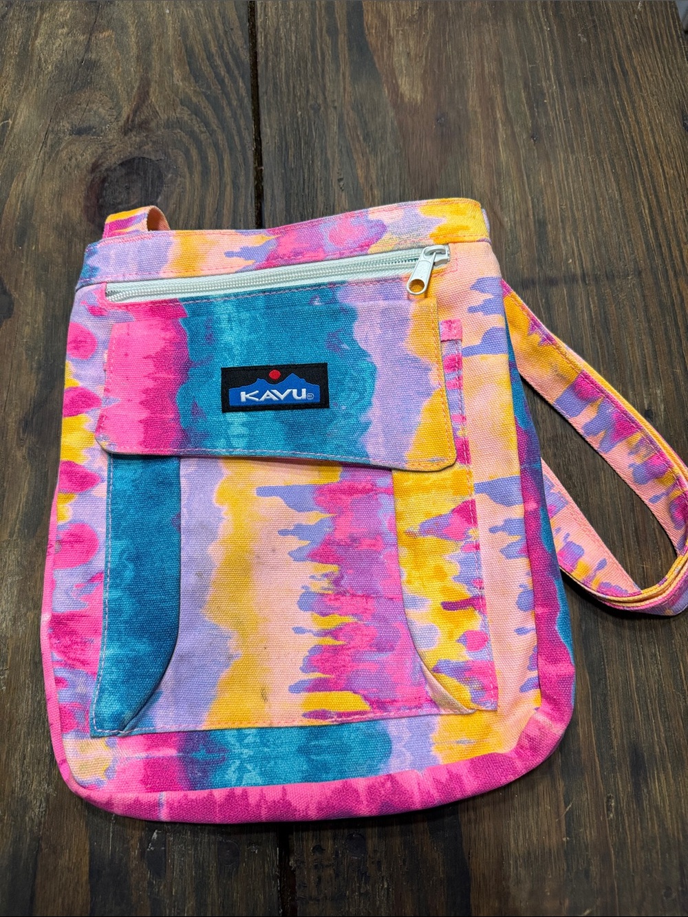 Kavu Tie-Dye Crossbody Bag in Pink, Yellow, Blue